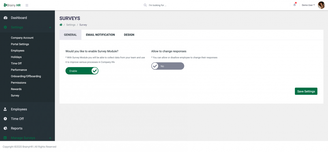 brainy hr survey settings